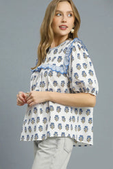 Ruffled Floral Print Puff Sleeve Blouse Umgee